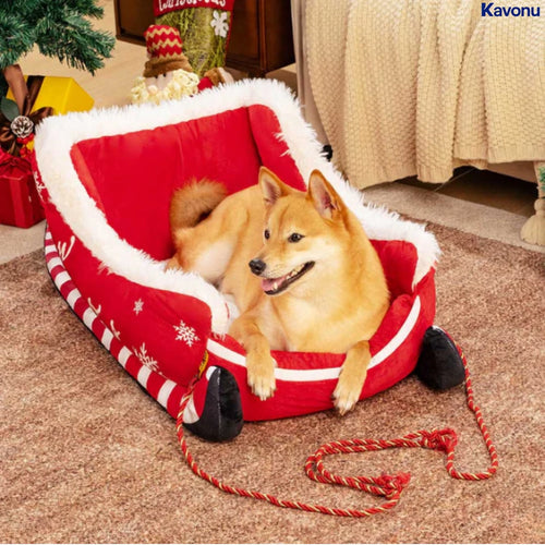 Kavonu™ - Festive Plush Christmas Sleigh Cozy Dog Bed