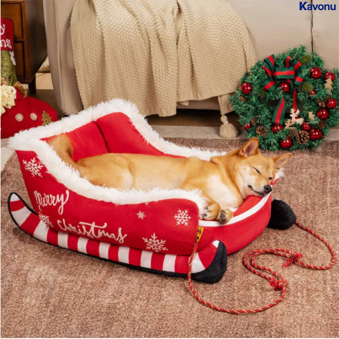 Kavonu™ - Festive Plush Christmas Sleigh Cozy Dog Bed
