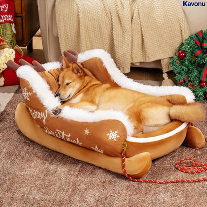 Kavonu™ - Festive Plush Christmas Sleigh Cozy Dog Bed