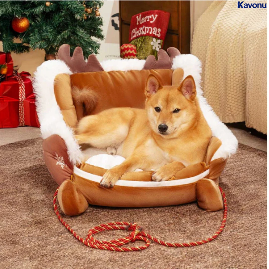 Kavonu™ - Festive Plush Christmas Sleigh Cozy Dog Bed